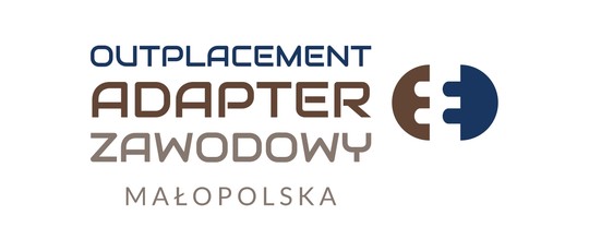 grafika przedstawia logo projektu na które składa się napis: OUTPLACEMENT ADAPTER ZAWODOWY MAŁOPOLSKA, oraz dwa klocki półokrągłe, które nie są ze sobą połączone ale tworzą całość