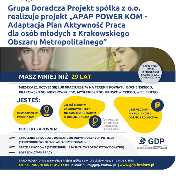 grafika przedstawia plakat  projektu "APAP POWER KOM - Adaptacja Plan Aktywność Praca dla osób młodych z Krakowskiego Obszaru Metropolitalnego"